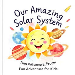 A delightful watercolor book cover for a children's book titled 'Our Amazing Solar System: A Fun Adventure for Kids'