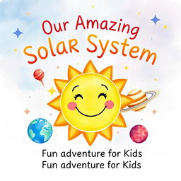 A delightful watercolor book cover for a children's book titled 'Our Amazing Solar System: A Fun Adventure for Kids'