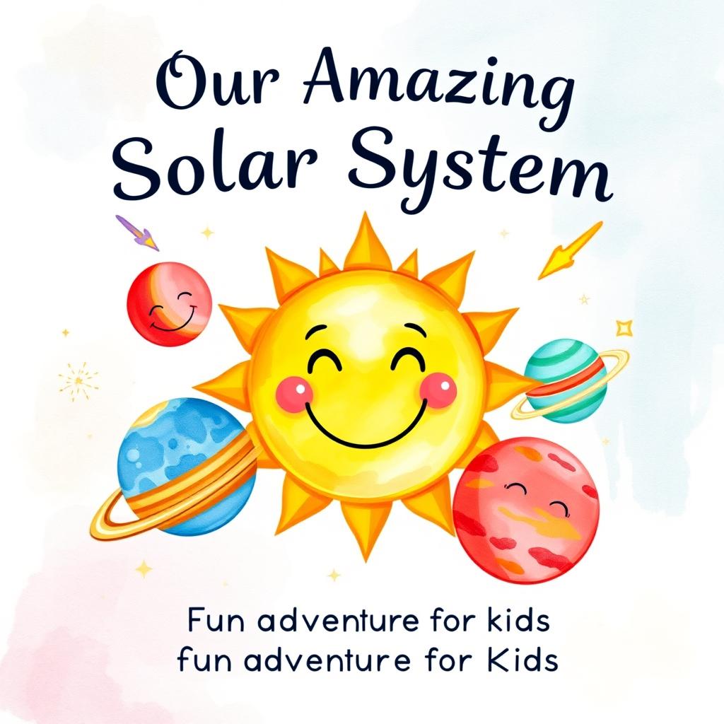 A delightful watercolor book cover for a children's book titled 'Our Amazing Solar System: A Fun Adventure for Kids'
