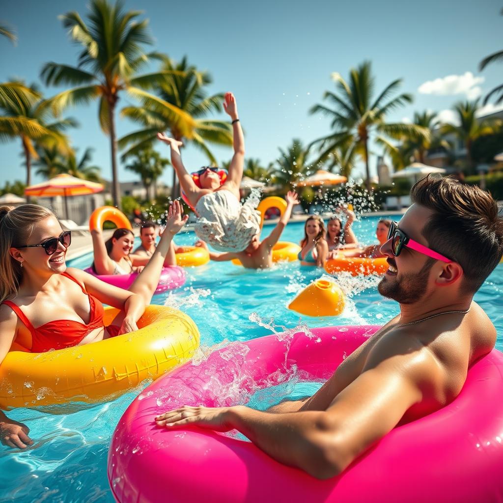 A group of young adults enjoying a vibrant and lively summer pool party