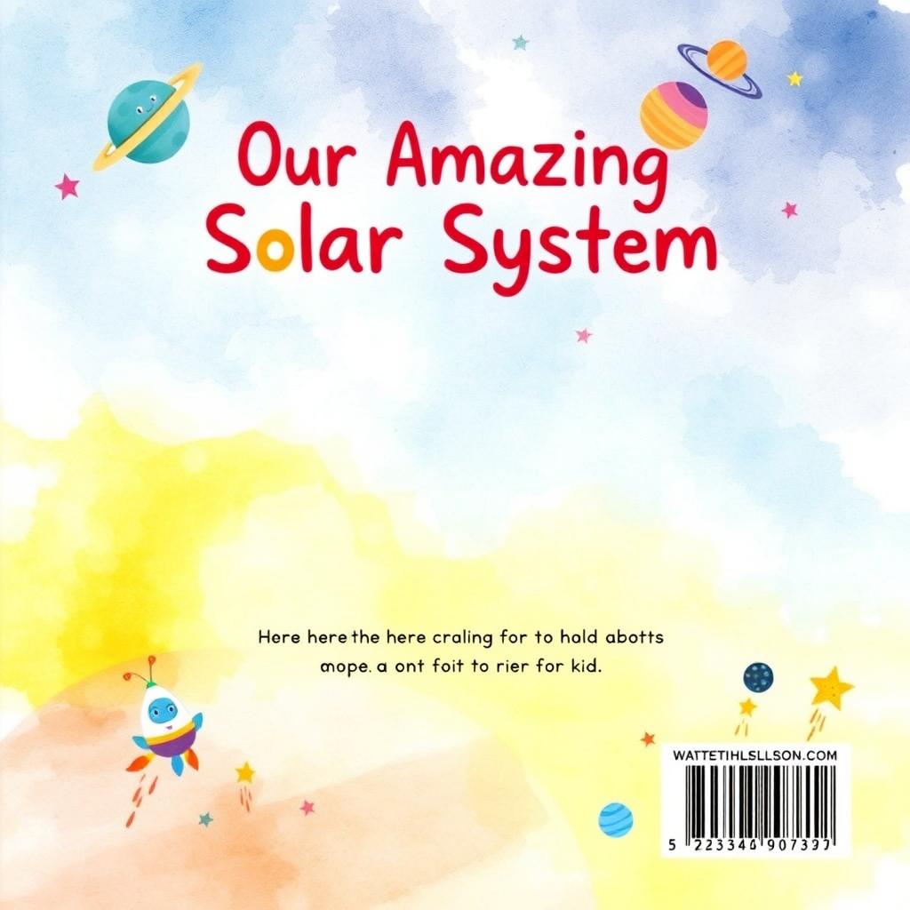 A cute watercolor book back cover for a children's book titled 'Our Amazing Solar System: A Fun Adventure for Kids'