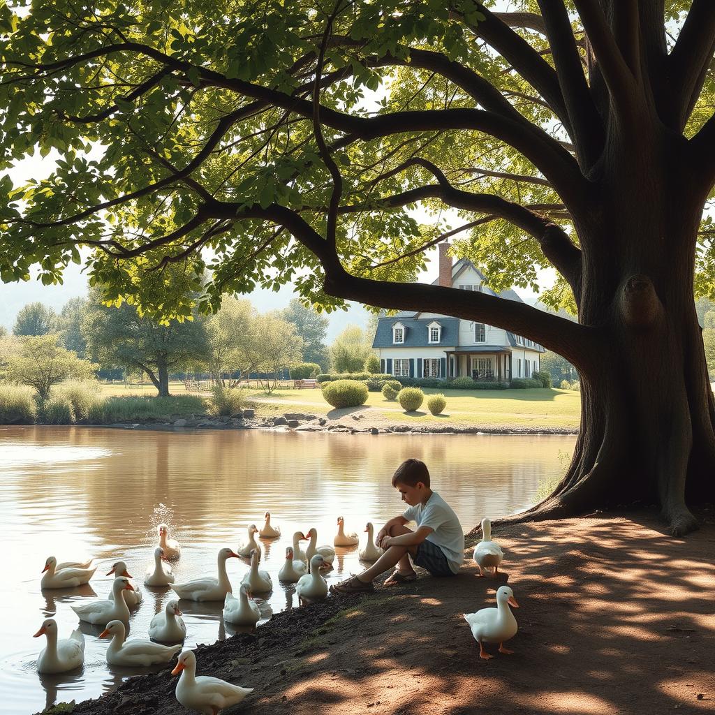 A serene scene featuring a young boy sitting under a large, leafy tree by a gentle river