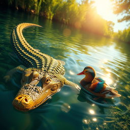 A vibrant scene depicting a crocodile swimming gracefully in a clear river, with two beautiful, luminous ducks swimming alongside it