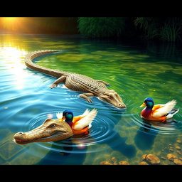 A vibrant scene depicting a crocodile swimming gracefully in a clear river, with two beautiful, luminous ducks swimming alongside it