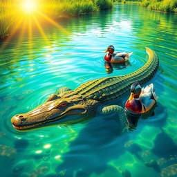 A vibrant scene depicting a crocodile swimming gracefully in a clear river, with two beautiful, luminous ducks swimming alongside it