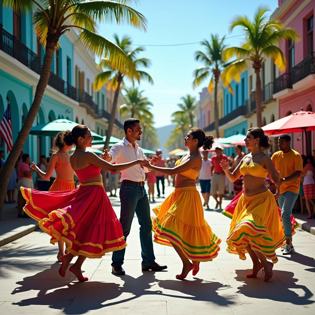 A vibrant street scene in Cuba featuring a group of dynamic dancers performing salsa, surrounded by colorful buildings and lively atmosphere