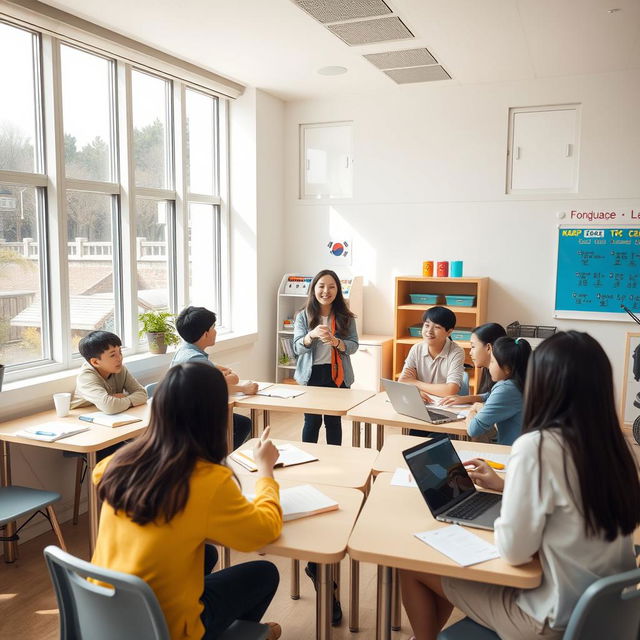 A bright and modern classroom filled with natural light from large windows