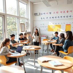 A bright and modern classroom filled with natural light from large windows