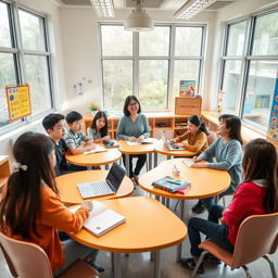 A bright and modern classroom filled with natural light from large windows