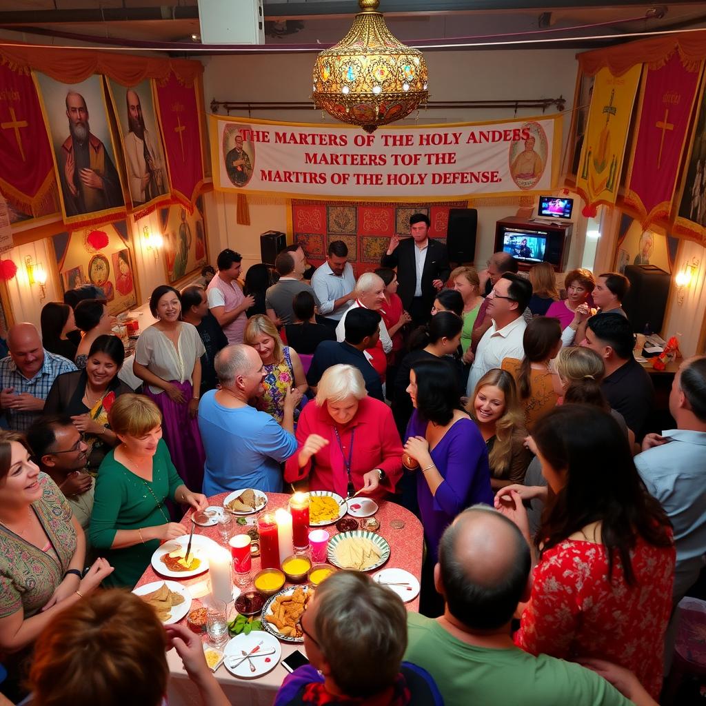 A vibrant and lively party scene celebrating the martyrs of the holy defense, filled with people dressed in colorful attire, smiling and enjoying the festivities