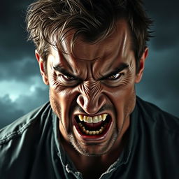 An intense portrait of an angry man with defined facial features, furrowed brows, and clenched jaw