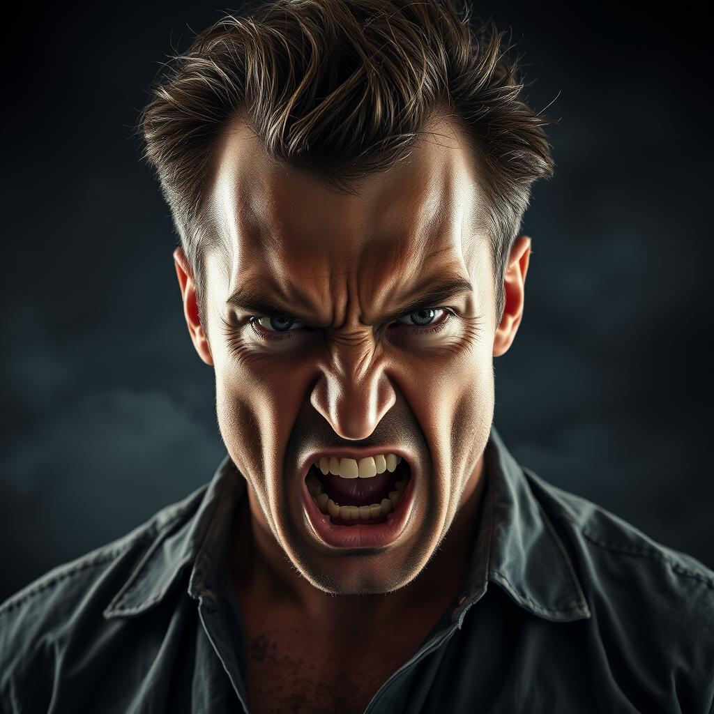 An intense portrait of an angry man with defined facial features, furrowed brows, and clenched jaw
