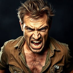 An intense portrait of an angry man with defined facial features, furrowed brows, and clenched jaw