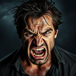 An intense portrait of an angry man with defined facial features, furrowed brows, and clenched jaw