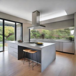 A sophisticated, architecturally designed kitchen with a lavish high ceiling, featuring sleek concrete benchtops and a unique, sculptural island bench as an artistic centerpiece.