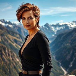 A sexy Russian woman aged 45-50 with a stylish and fashionable hairstyle that enhances her beauty
