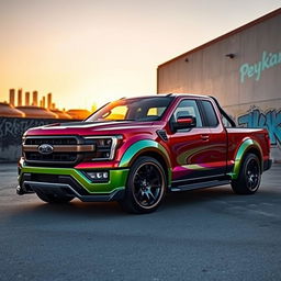 A modified Peykan pickup truck, showcasing a vibrant paint job, enhanced with modern sports rims and a lowered stance
