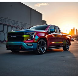 A modified Peykan pickup truck, showcasing a vibrant paint job, enhanced with modern sports rims and a lowered stance