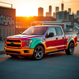 A modified Peykan pickup truck, showcasing a vibrant paint job, enhanced with modern sports rims and a lowered stance