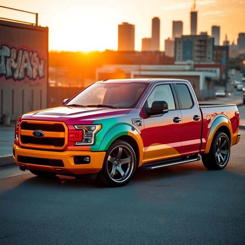 A modified Peykan pickup truck, showcasing a vibrant paint job, enhanced with modern sports rims and a lowered stance