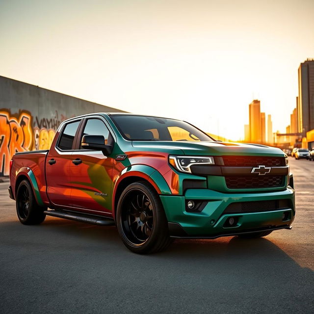 A modified Peykan pickup truck, showcasing a vibrant paint job, enhanced with modern sports rims and a lowered stance