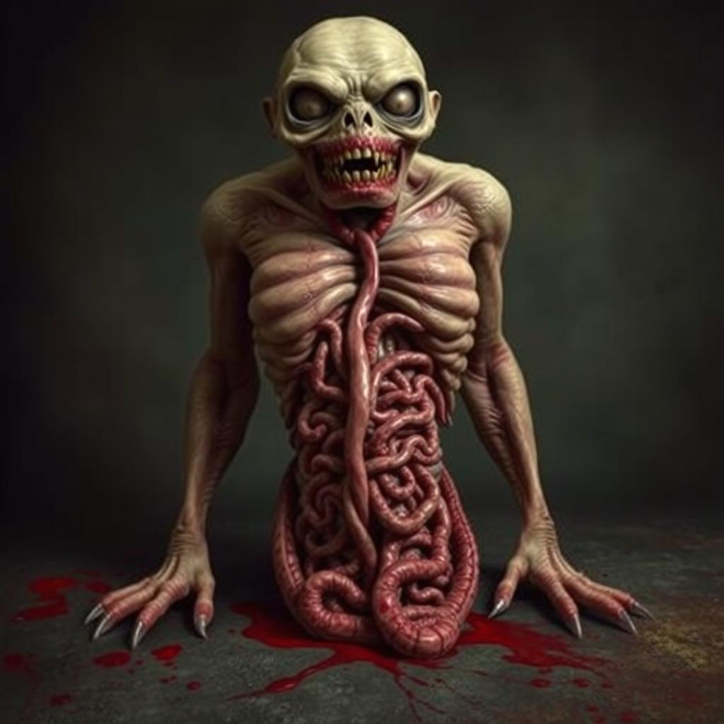 A grotesque and surreal depiction of a creature split in half at the torso, with intestines hanging out, creating a shocking yet artistic portrayal