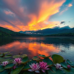 A serene landscape featuring a vibrant sunset over a tranquil lake, surrounded by lush green forests and mountains in the background