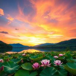A serene landscape featuring a vibrant sunset over a tranquil lake, surrounded by lush green forests and mountains in the background