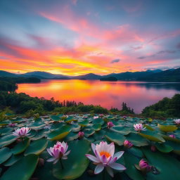 A serene landscape featuring a vibrant sunset over a tranquil lake, surrounded by lush green forests and mountains in the background