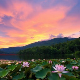 A serene landscape featuring a vibrant sunset over a tranquil lake, surrounded by lush green forests and mountains in the background