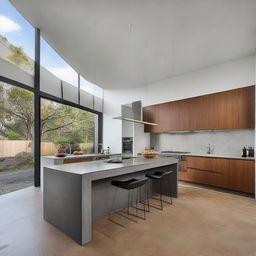 A sophisticated, architecturally designed kitchen with a lavish high ceiling, featuring sleek concrete benchtops and a unique, sculptural island bench as an artistic centerpiece.