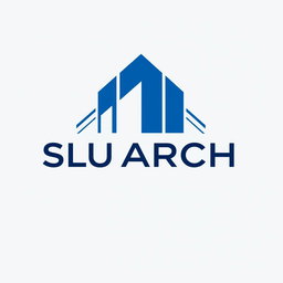 A modern and minimalist depiction of the SLU ARCH logo, featuring a stylized architectural design that combines bold lines and geometric shapes