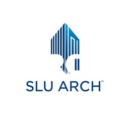 A modern and minimalist depiction of the SLU ARCH logo, featuring a stylized architectural design that combines bold lines and geometric shapes