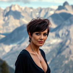 A sexy Russian woman aged 45-50 with a trendy and fashionable hairstyle that enhances her allure