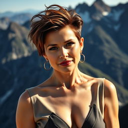 A sexy Russian woman aged 45-50 with a trendy and fashionable hairstyle that enhances her allure