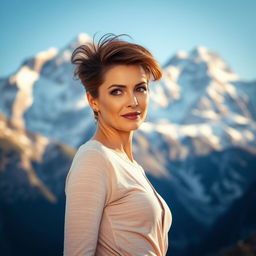 A sexy Russian woman aged 45-50 with a chic and fashionable hairstyle that accentuates her beauty