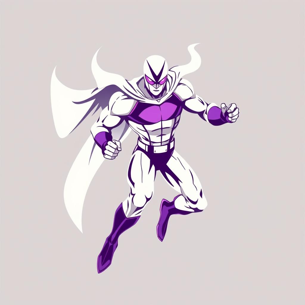 A superhero in an intense action pose, predominantly white in color with dynamic blends of purple accents
