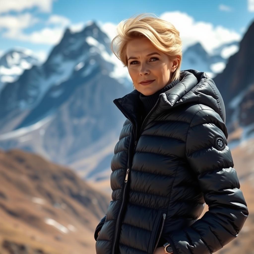 A sexy Russian woman aged 45-50 with a fashionable hairstyle, wearing a trendy puffer jacket that accentuates her style and warmth