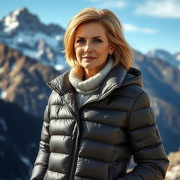 A sexy Russian woman aged 45-50 with a fashionable hairstyle, wearing a trendy puffer jacket that accentuates her style and warmth