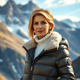 A sexy Russian woman aged 45-50 with a fashionable hairstyle, wearing a trendy puffer jacket that accentuates her style and warmth