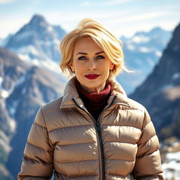 A sexy Russian woman aged 45-50 with a fashionable hairstyle, wearing a trendy puffer jacket that accentuates her style and warmth