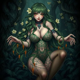 A gothic dominant anime plant girl with an alluringly curvy figure, featuring big breasts and thick thighs