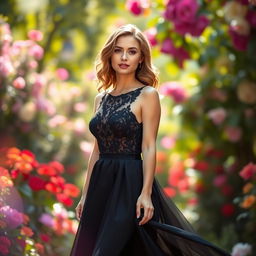 A beautiful woman standing gracefully in a captivating pose, wearing a stunning black dress that flows elegantly