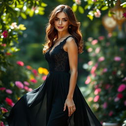A beautiful woman standing gracefully in a captivating pose, wearing a stunning black dress that flows elegantly