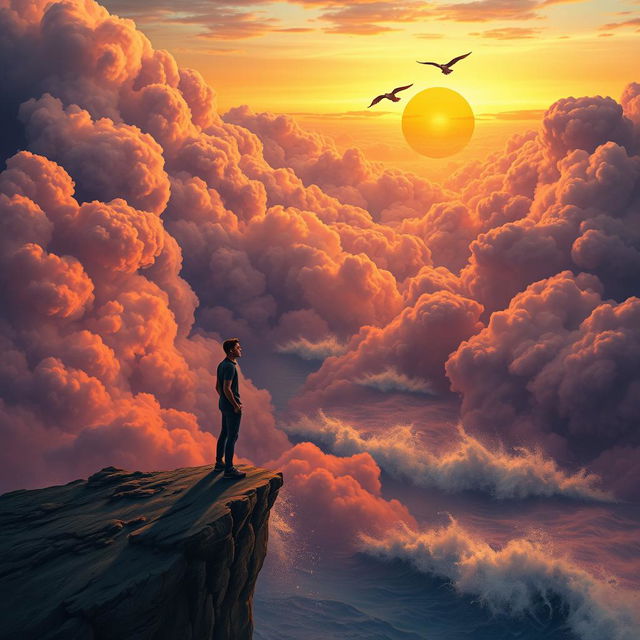 A surreal and emotional landscape depicting a person standing on the edge of a cliff overlooking a vast, swirling sea of colorful clouds representing love and chaos