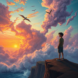 A surreal and emotional landscape depicting a person standing on the edge of a cliff overlooking a vast, swirling sea of colorful clouds representing love and chaos