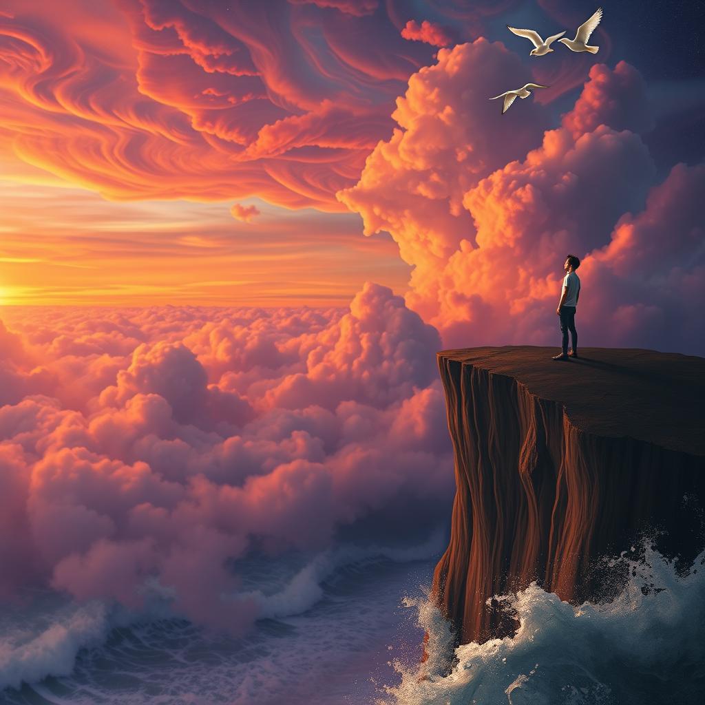 A surreal and emotional landscape depicting a person standing on the edge of a cliff overlooking a vast, swirling sea of colorful clouds representing love and chaos