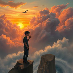 A surreal and emotional landscape depicting a person standing on the edge of a cliff overlooking a vast, swirling sea of colorful clouds representing love and chaos