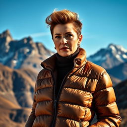 A sexy Russian woman aged 45-50 with a trendy and fashionable hairstyle, wearing a stylish puffer jacket that adds warmth and flair to her appearance