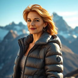A sexy Russian woman aged 45-50 with a trendy and fashionable hairstyle, wearing a stylish puffer jacket that adds warmth and flair to her appearance